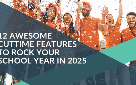 Cheering young adults in bright orange t-shirts happily jumping up and down with confetti about CutTime's latest productivity features.