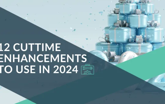 Tower of shiny blue wrapped gifts with festive confetti to herald 12 CutTime feature enhancements to use in 2024