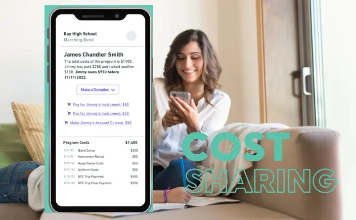 CutTime Cost Sharing in a mobile phone with image of a happy parent-guardian in background.