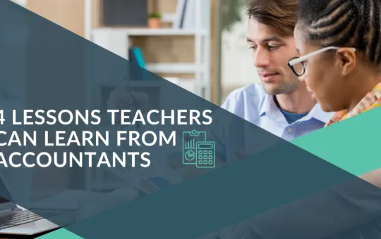 CutTime Blog Article 4 Lessons Teachers Can Learn from Accountants with a black female teacher wearing eye glasses sitting with a caucasian male accountant learning financial best practices.