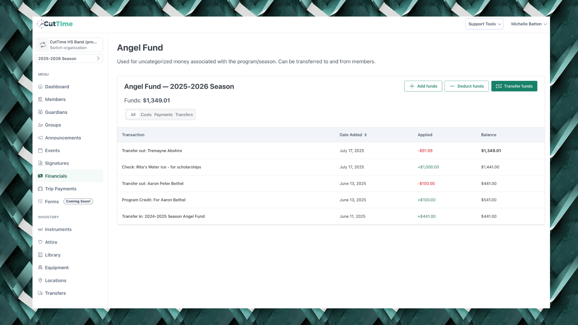 CutTime Angel Funds Tab on Financials Dashboard for Fine Arts Admins, Teachers, and Booster Leaders in desktop mode