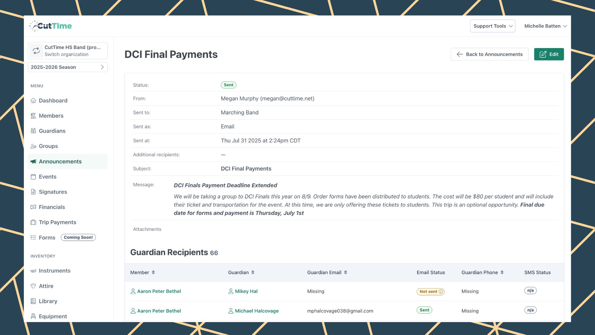 CutTime Announcements Dashboard for Fine Arts Admins, Teachers, and Booster Leaders in desktop mode