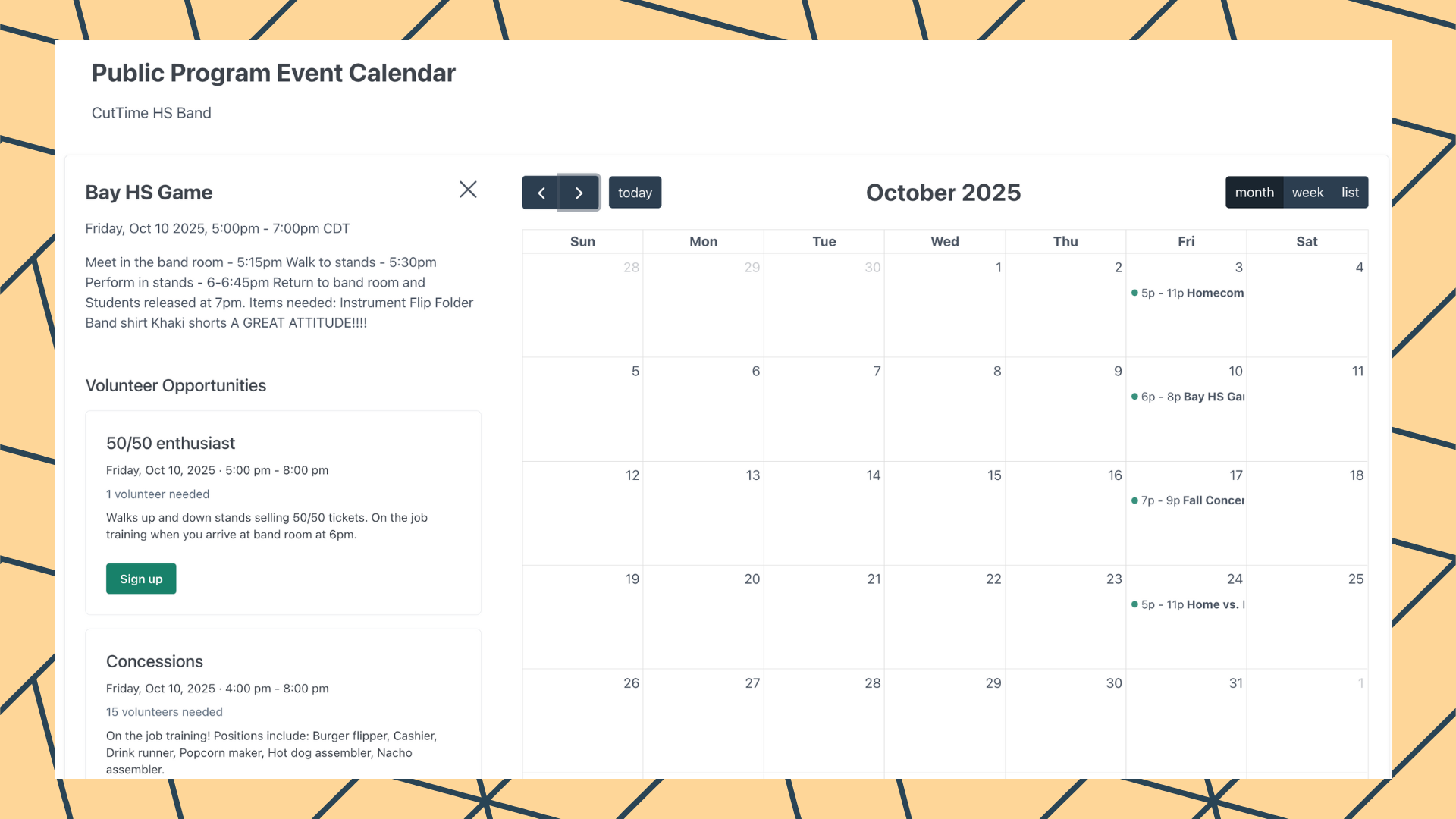 CutTime Event Calendar for Fine Arts Admins, Teachers, and Booster Leaders in desktop mode