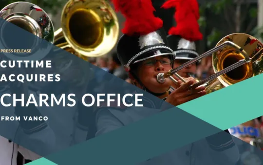 Marching band trombone players with red feathers in their shakos heralding news about CutTime acquiring Charms Office from Vanco.