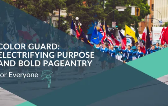 Color Guard Electrifying Purpose and Bold Pageantry for Everyone with group of Marching Band Color Guard Flag performer outside