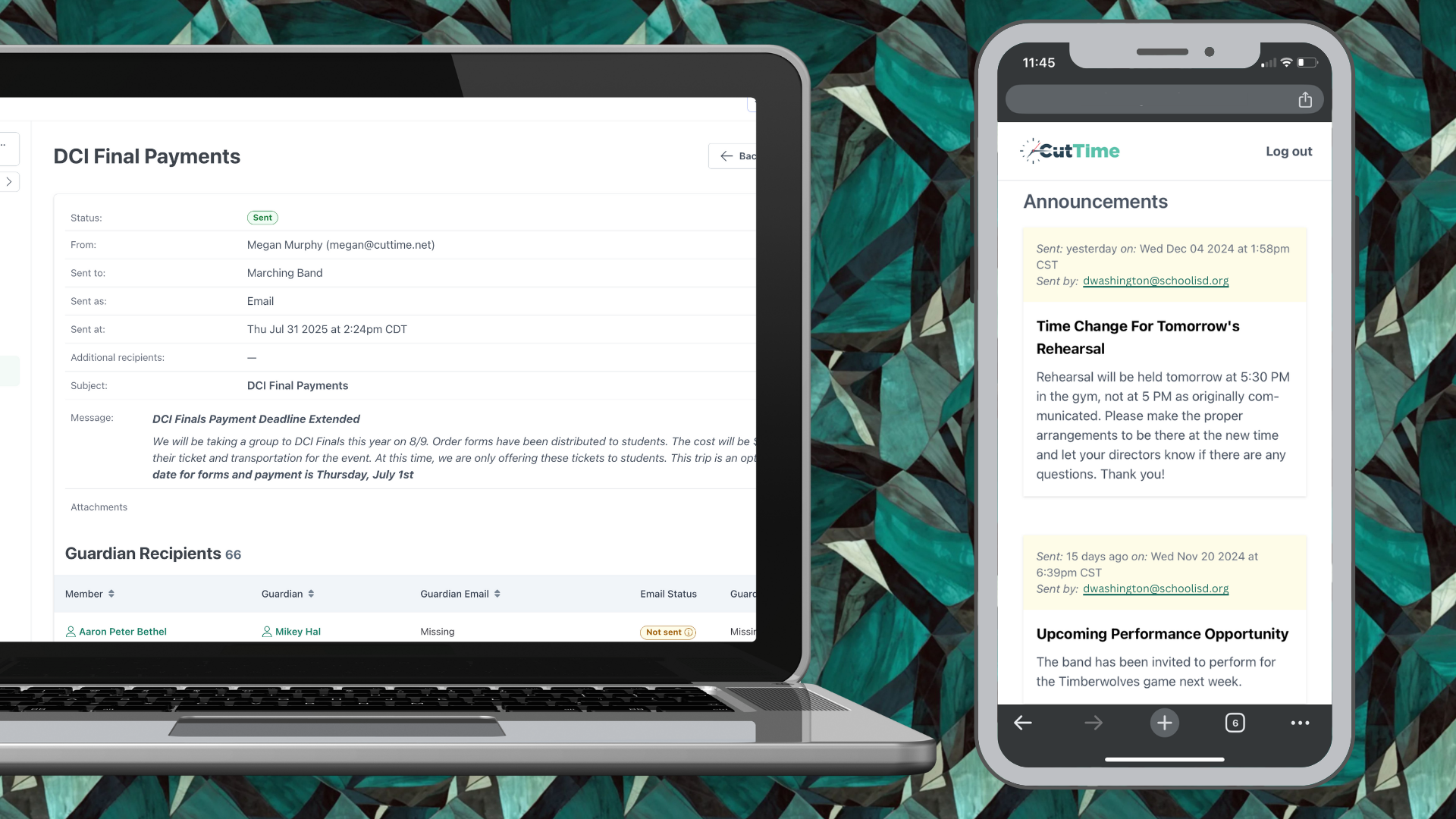 CutTime Event Detail for Fine Arts Admins, Teachers, and Booster Leaders in desktop mode and Announcements for Guardians inside a mobile phone