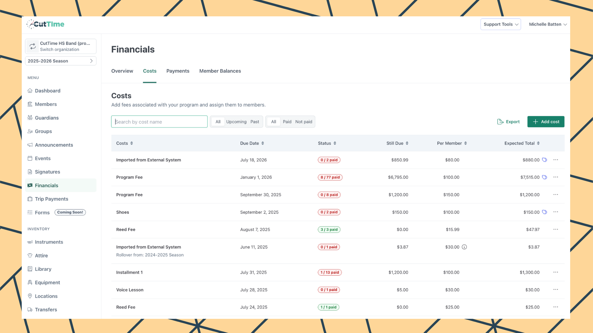 CutTime Costs Tab on Financials Dashboard for Fine Arts Admins, Teachers, and Booster Leaders in desktop mode