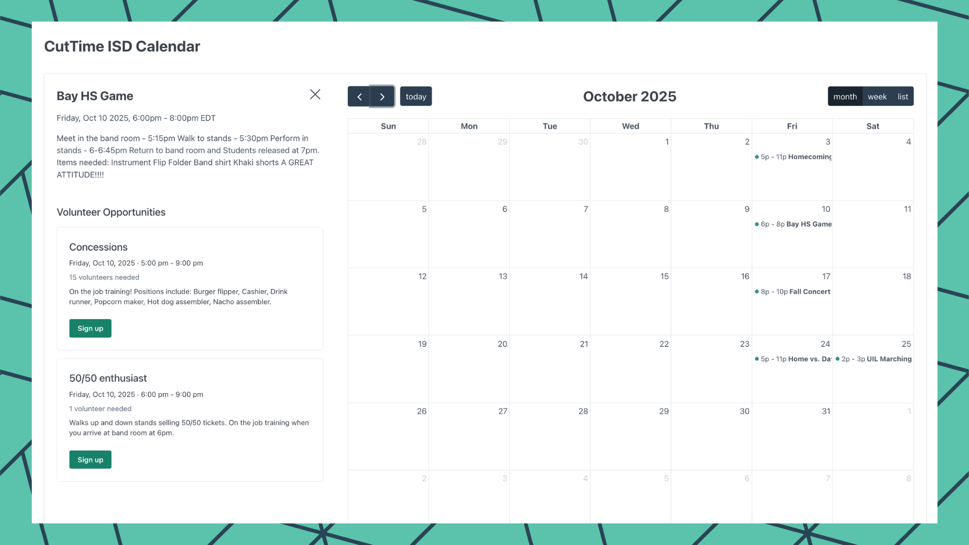 CutTime District Calendar for Fine Arts Admins, Teachers, and Booster Leaders in desktop mode