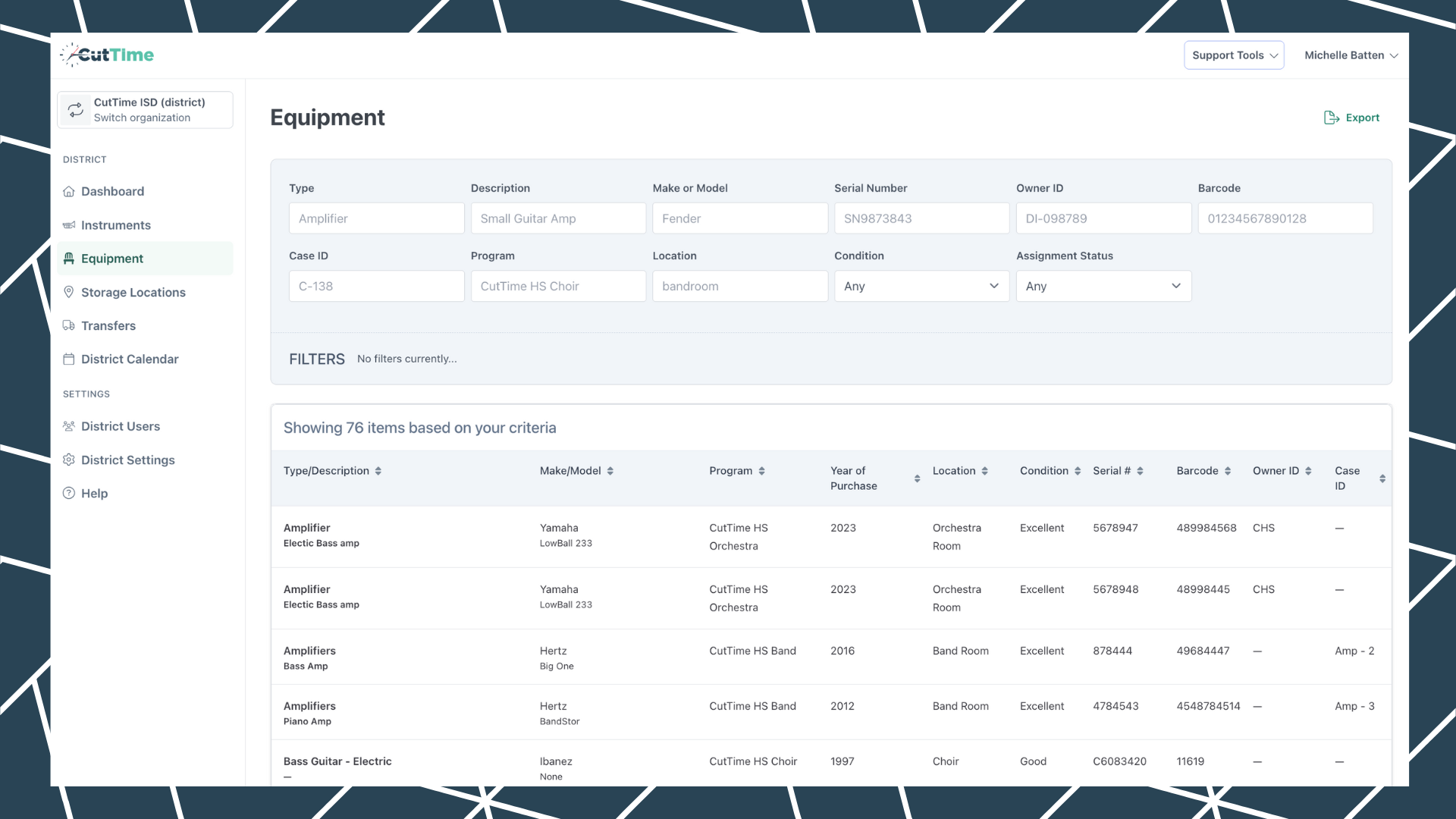 CutTime District Equipment Dashboard for Fine Arts Admins, Teachers, and Booster Leaders in desktop mode