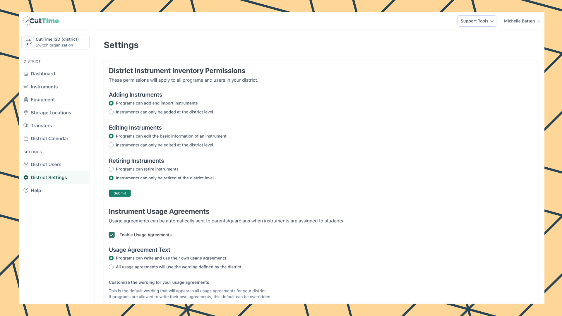 CutTime District Settings Dashboard for Fine Arts Admins, Teachers, and Booster Leaders in desktop mode