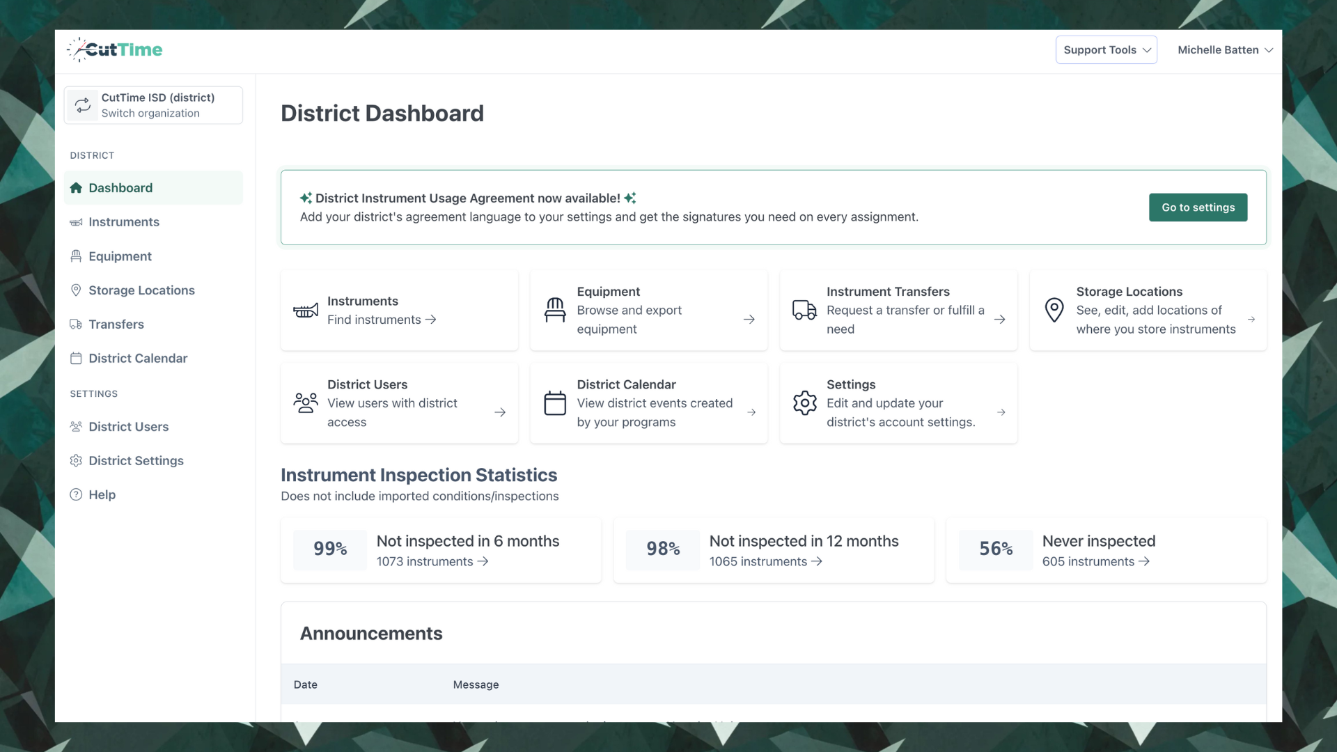 CutTime Districts Dashboard for Fine Arts Admins, Teachers, and Booster Leaders in desktop mode