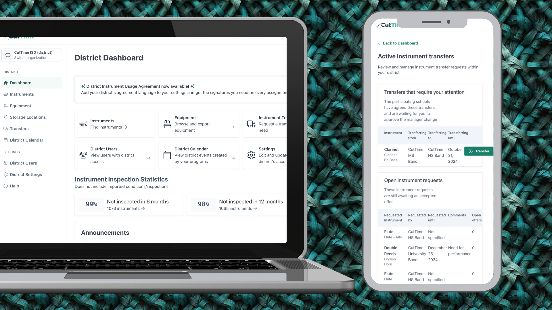 CutTime District Dashboard screen in desktop mode and a District Instrument Transfers screen inside a mobile phone for Fine Arts Administrators