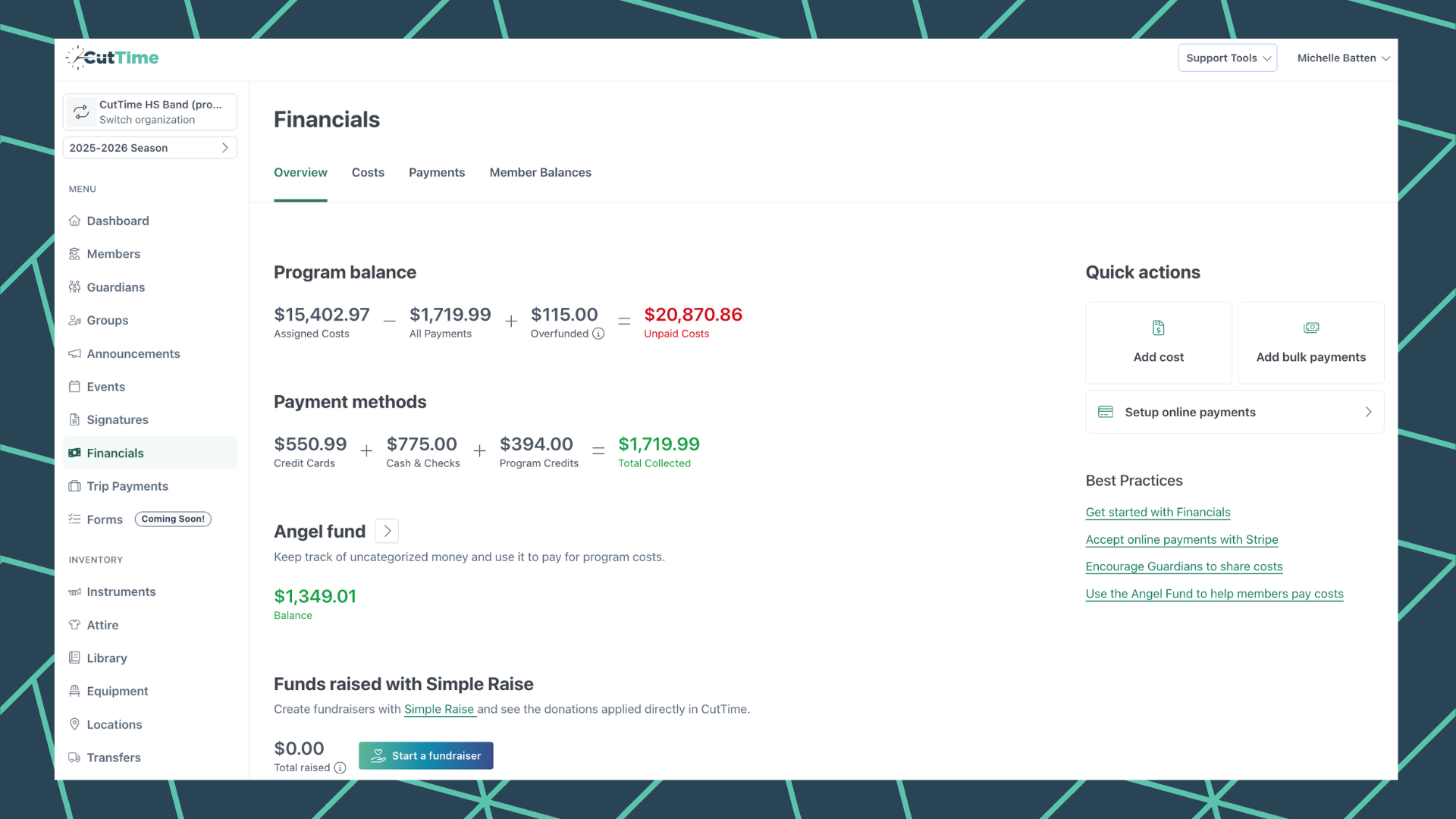 CutTime Financials Dashboard for Fine Arts Admins, Teachers, and Booster Leaders in desktop mode