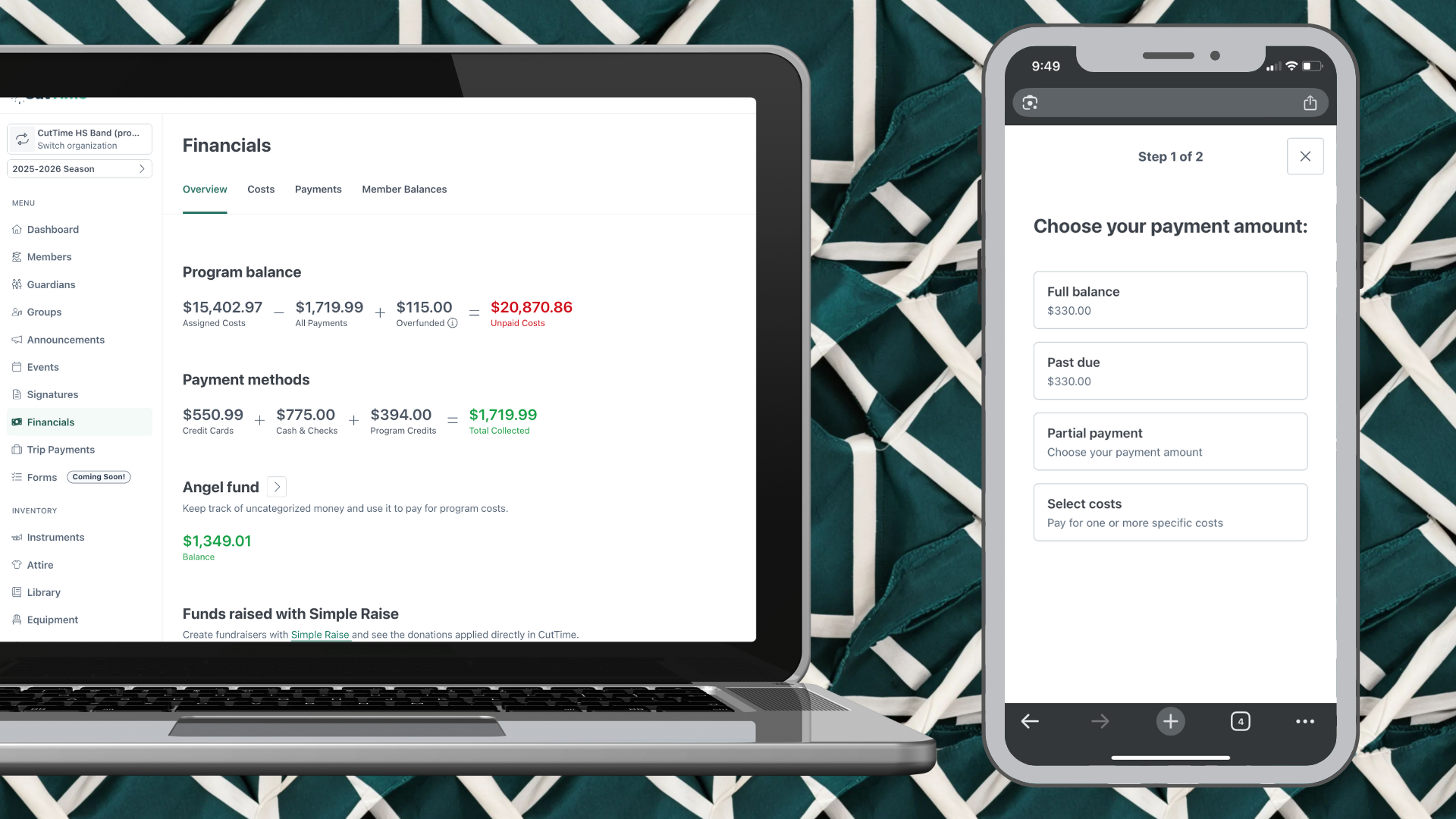 CutTime Financials Dashboard for Fine Arts Admins, Teachers, and Booster Leaders in desktop mode and Make a Payment Screen for Guardians inside a mobile phone