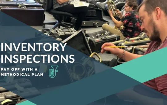 Music Educator-Teacher concentrating on their end of year inventory inspections with CutTime