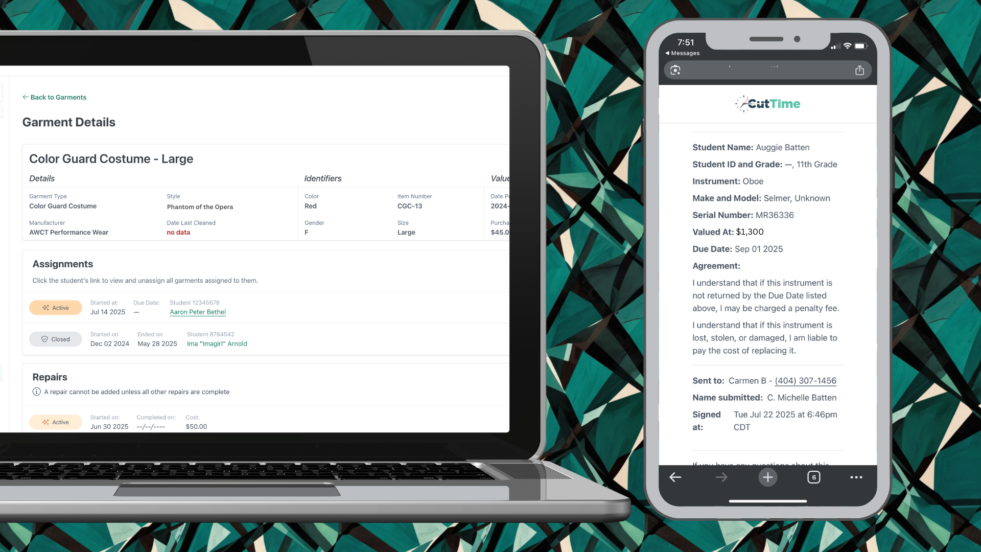 CutTime Assign Attire screen for Fine Arts Admins, Teachers, and Booster Leaders in desktop mode and a Rental Agreement for Guardians screen inside a mobile phone