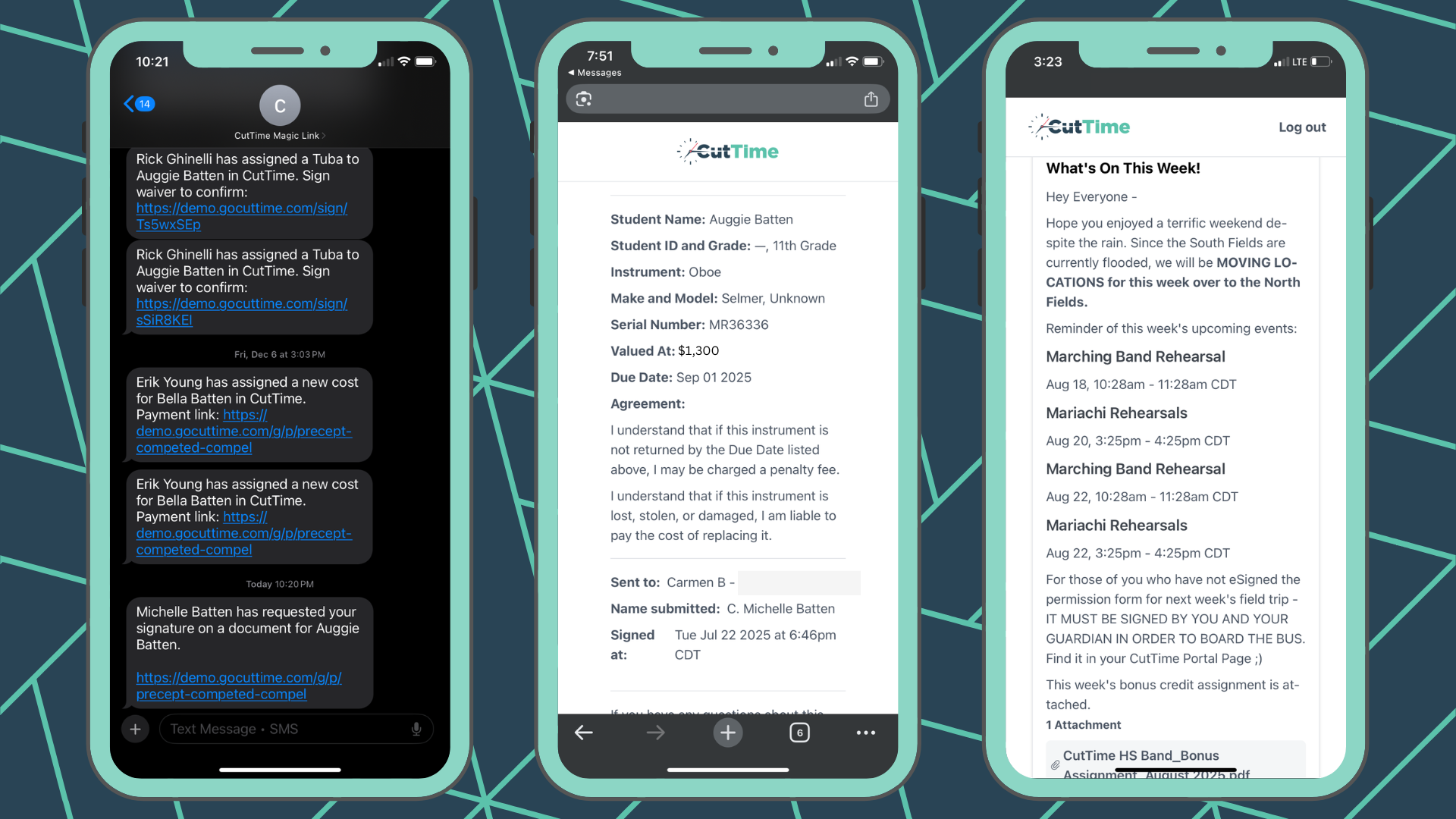CutTime's Magic Link text message notifications, instrument usage agreement, and announcements inside three mobile phone screens.