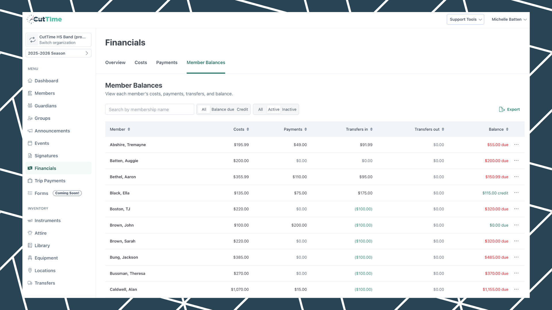 CutTime Member Balances Tab on Financials Dashboard for Fine Arts Admins, Teachers, and Booster Leaders in desktop mode