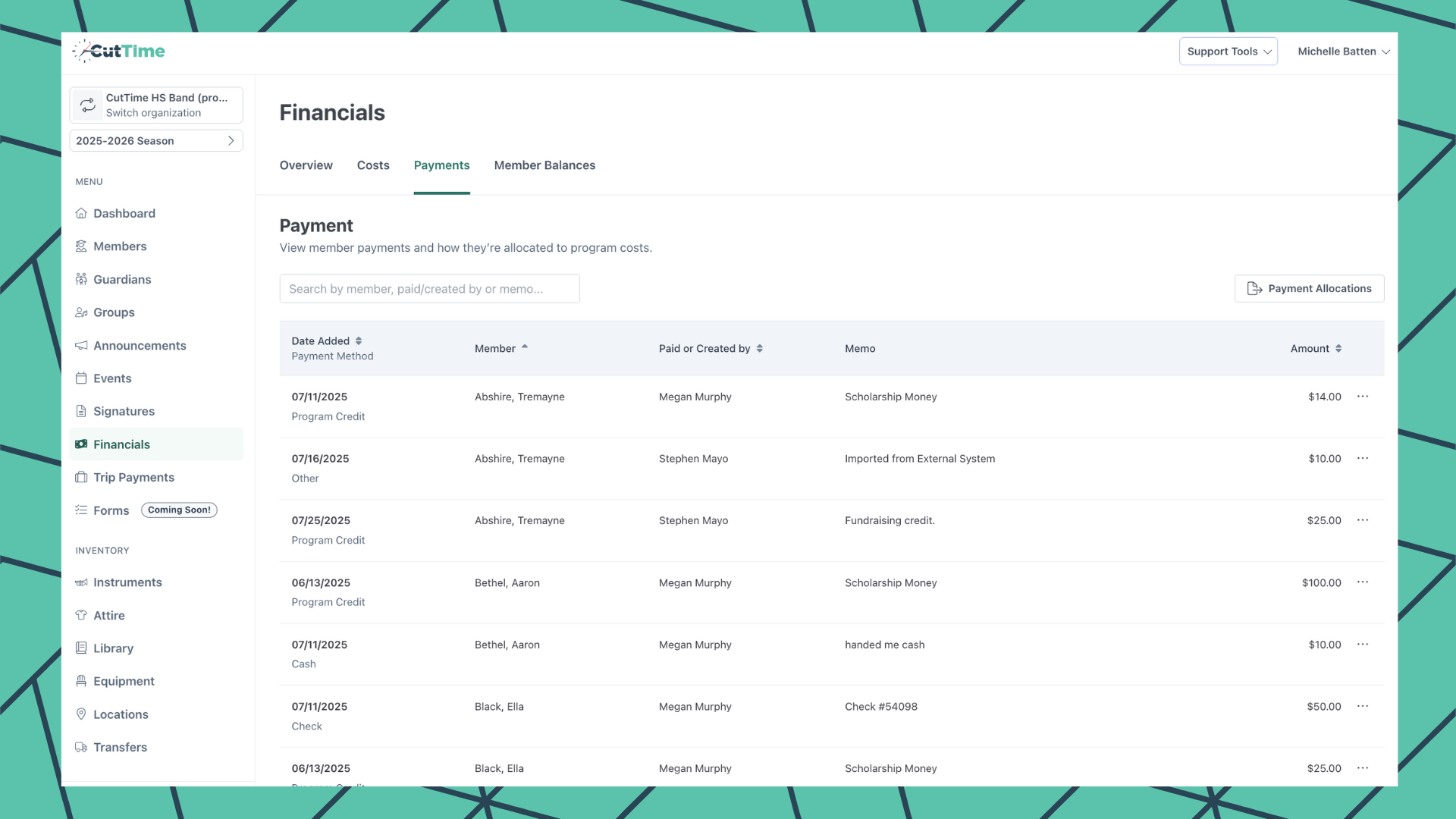 CutTime Payments Tab on Financials Dashboard for Fine Arts Admins, Teachers, and Booster Leaders in desktop mode