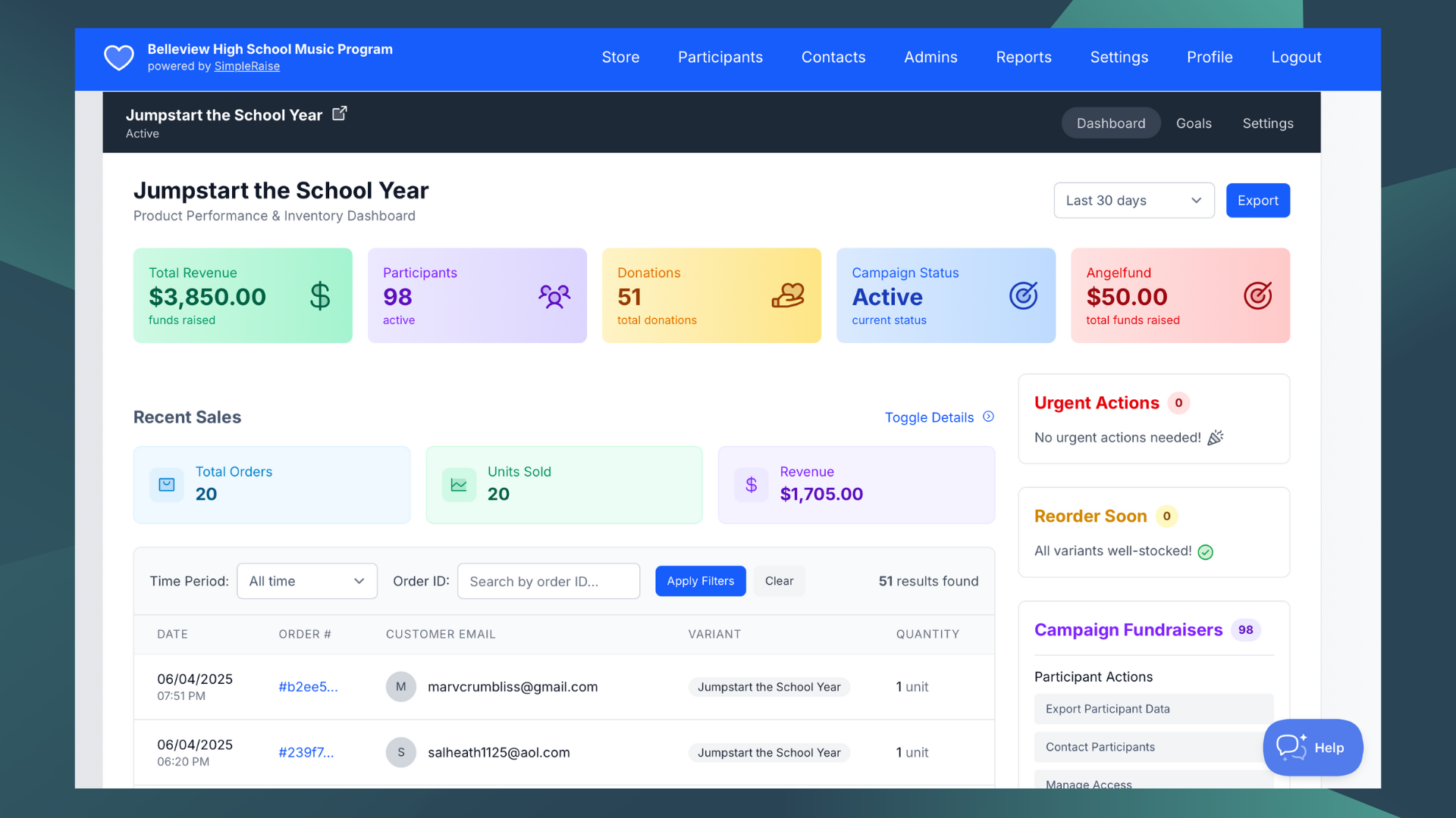 CutTime's Simple Raise Fundraising Dashboard for Fine Arts Admins, Teachers, and Booster Leaders in desktop mode
