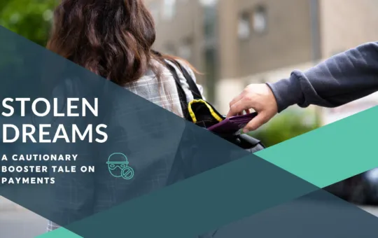 Woman walking and someone is pickpocketing her wallet from her purse without her knowledge.