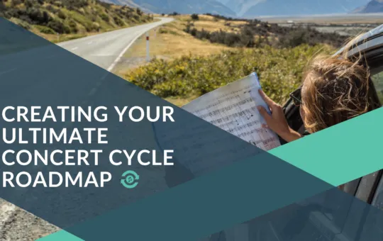 Music teacher looking at her concert sheet music roadmap while parked on the side of the highway.