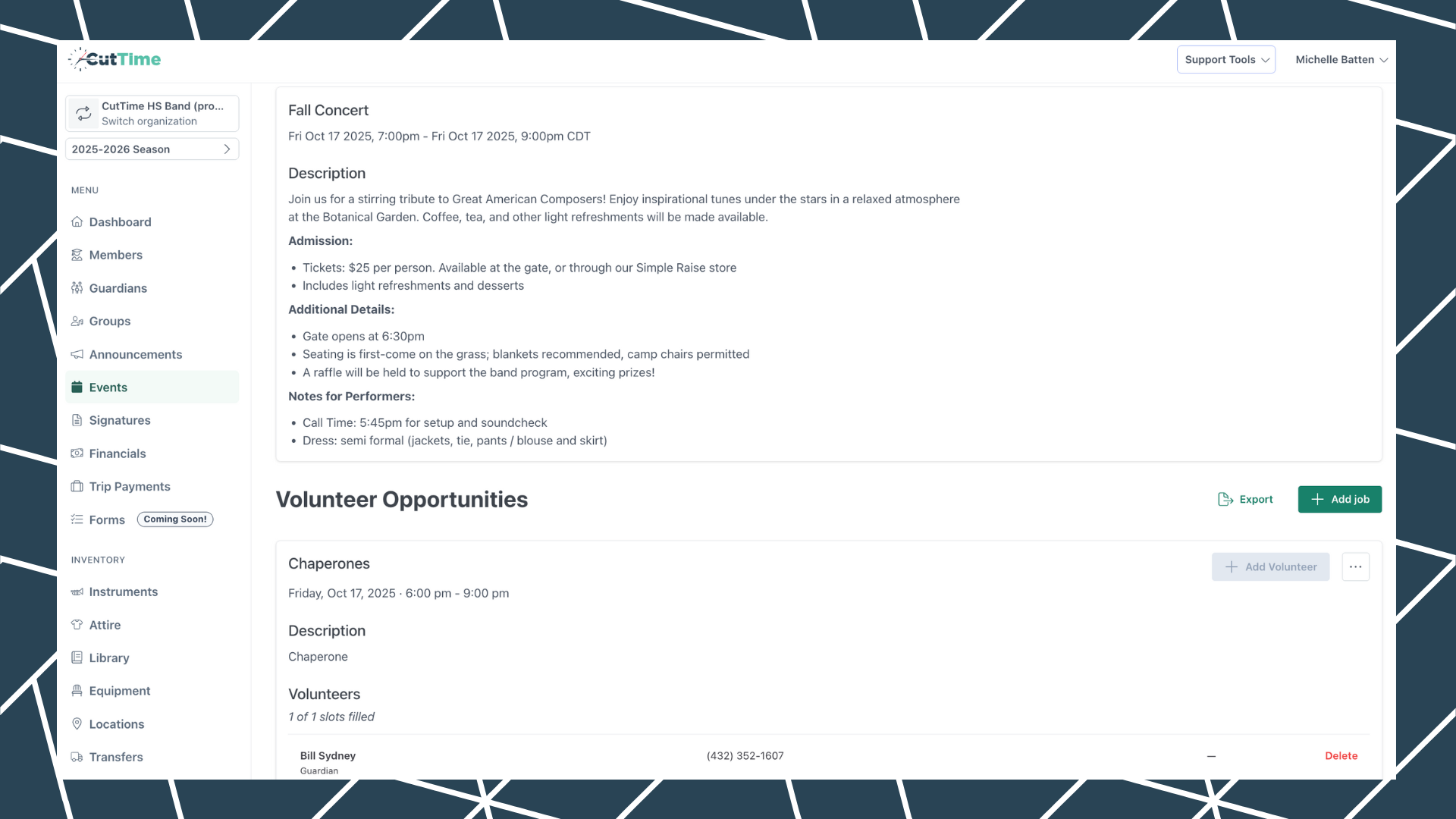 CutTime Volunteer Opportunity Job Listing for Fine Arts Admins, Teachers, and Booster Leaders in desktop mode